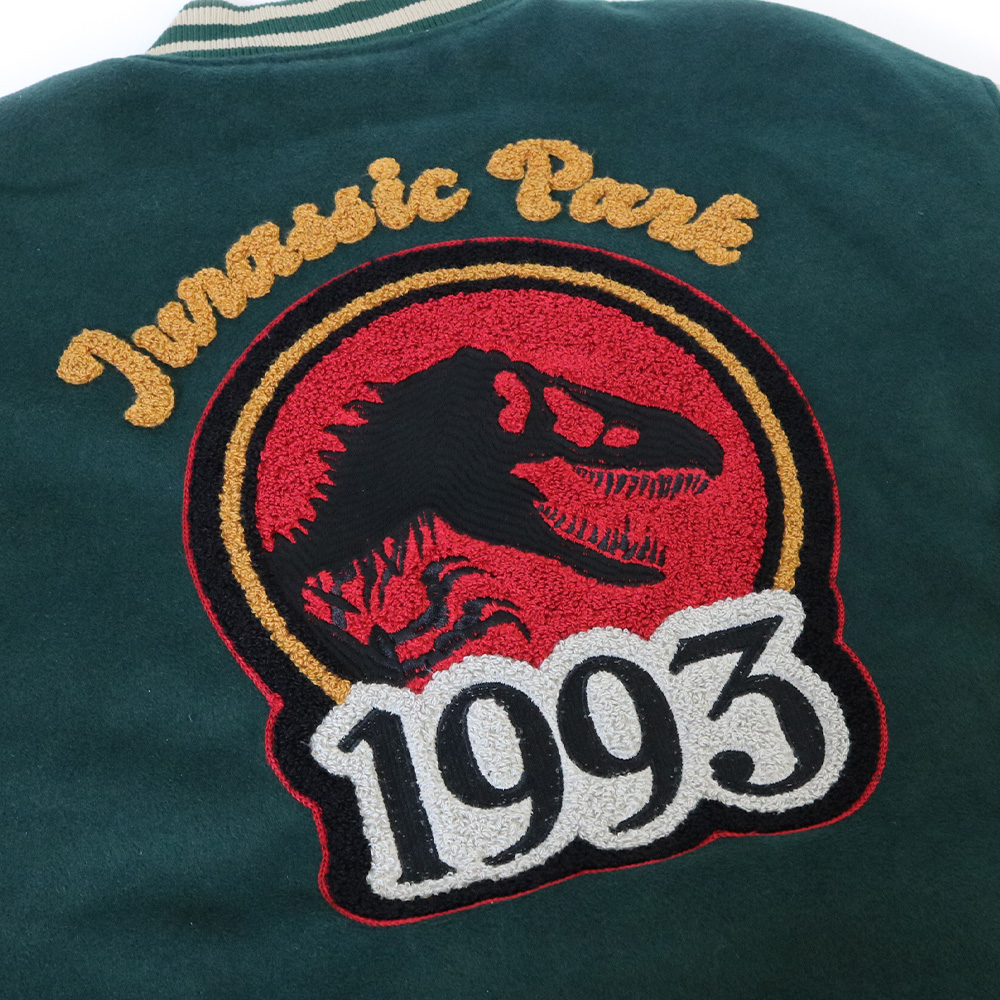 90s ジュラシックパーク ウール 牛革 切り替え スタジャン Lサイズ USA製 90s JURASSIC PARK Cotton Varsity Jacket 生成り黒 L 92